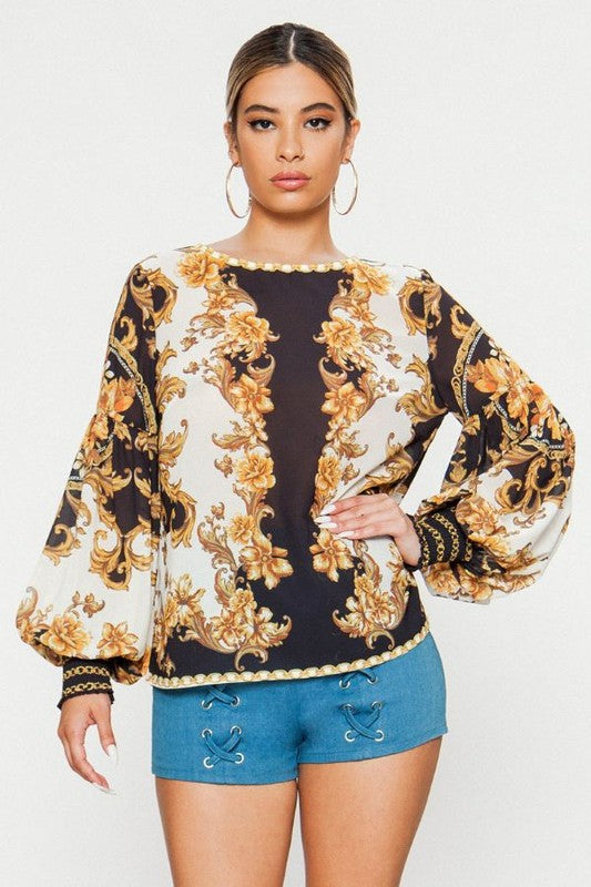 Fashion Off White Multi-Color Baroque Print Top with Bishop Sleeve