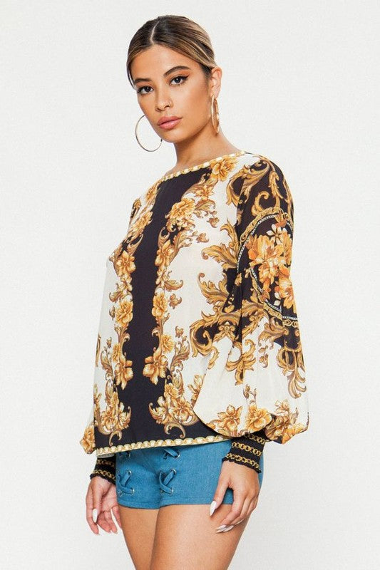 Fashion Off White Multi-Color Baroque Print Top with Bishop Sleeve