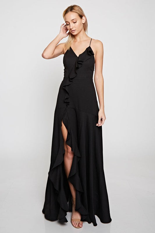 Elegant Strap Ruffle Black Maxi Dress
