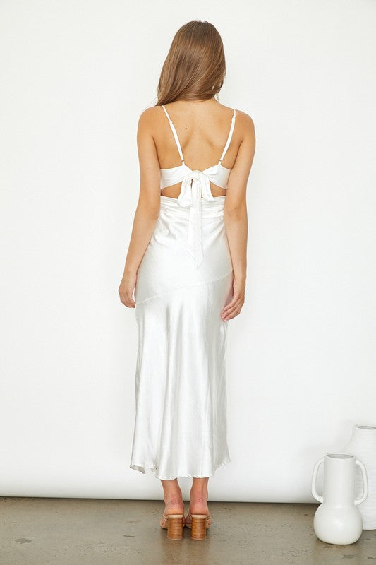 Elegant Strap White Satin Maxi Dress Open Back Tie-Up with Slit