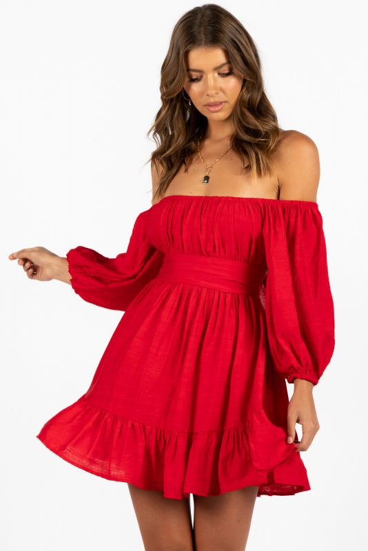 Fashion Summer Off Shoulder Red Back Tie-Up Ruffle Dress with Bell Sleeve