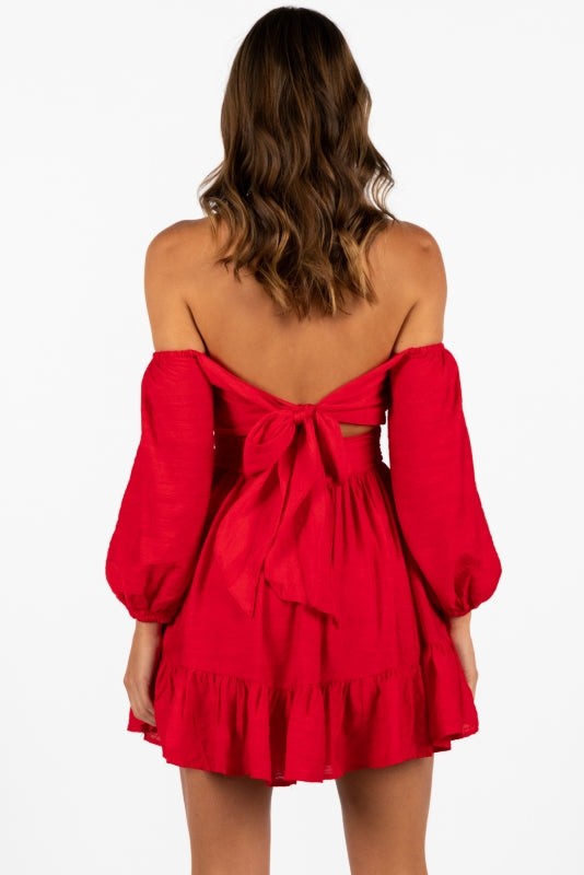 Fashion Summer Off Shoulder Red Back Tie-Up Ruffle Dress with Bell Sleeve