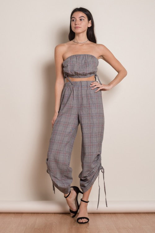 Fashion Grey Checkered Tie-Up Pants