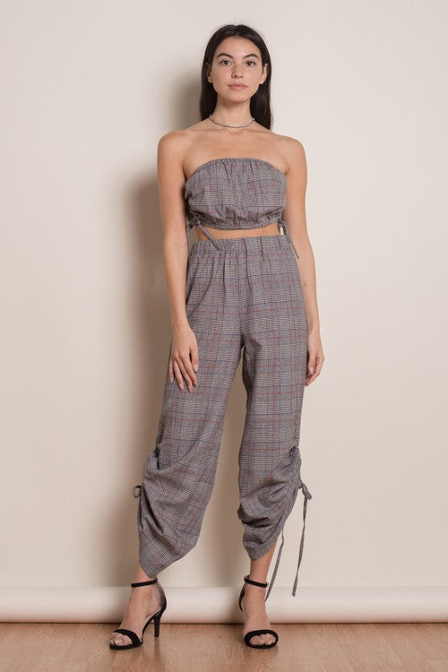 Fashion Grey Checkered Strapless Crop Top