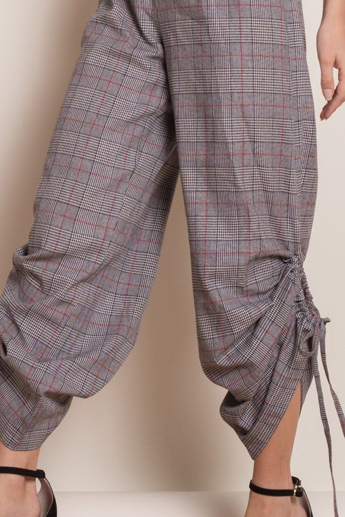Fashion Grey Checkered Tie-Up Pants