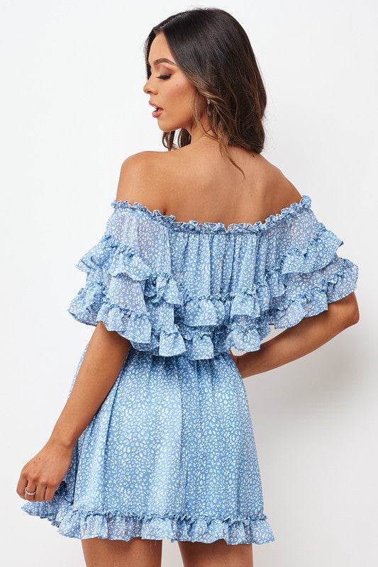 Fashion Blue Floral Print Off Shoulder Ruffle Dress