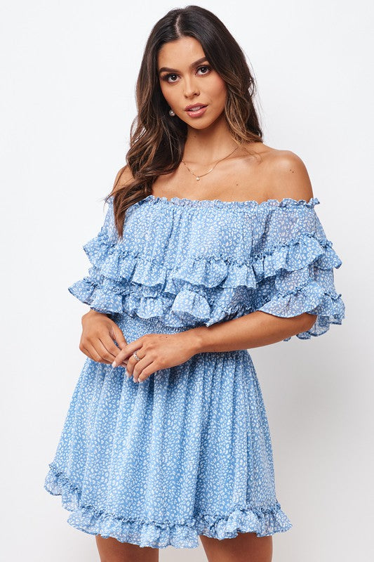 Fashion Blue Floral Print Off Shoulder Ruffle Dress