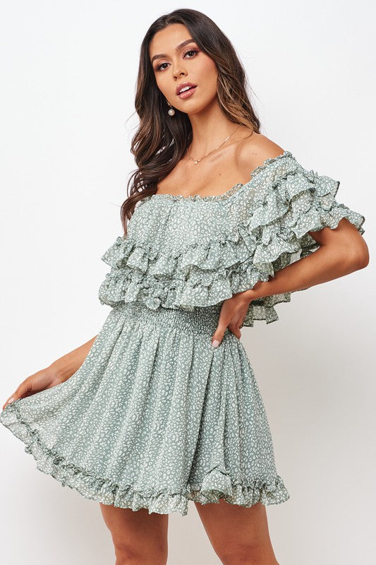 Fashion Olive Floral Print Off Shoulder Ruffle Dress