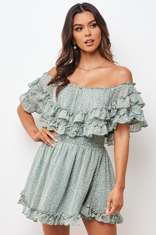 Fashion Olive Floral Print Off Shoulder Ruffle Dress