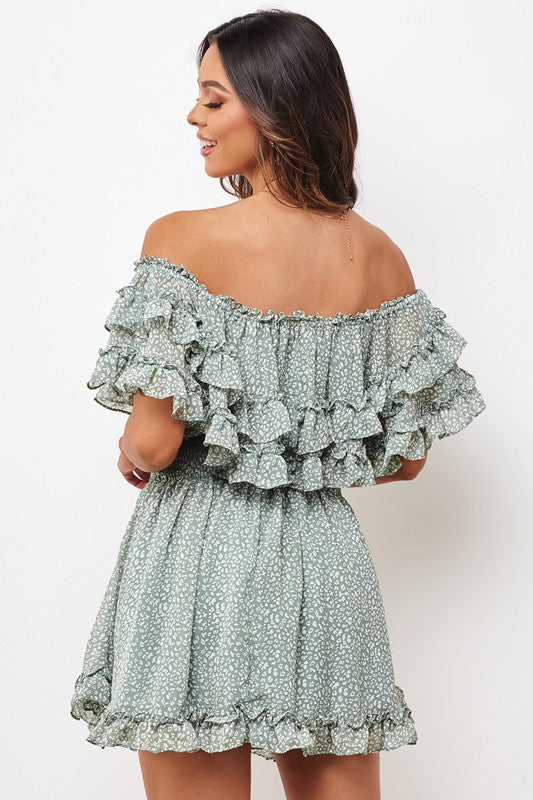 Fashion Olive Floral Print Off Shoulder Ruffle Dress