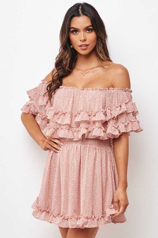 Fashion Pink Floral Print Off Shoulder Ruffle Dress