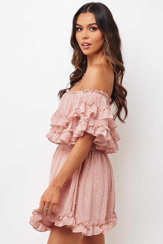 Fashion Pink Floral Print Off Shoulder Ruffle Dress