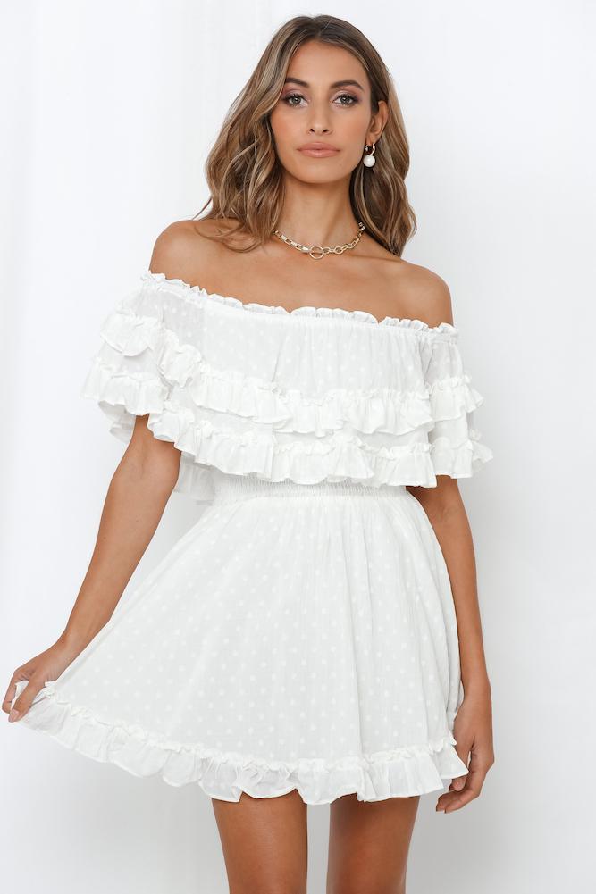 Fashion White Off Shoulder Detailed Textured Ruffle Dress