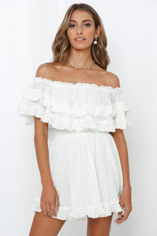 Fashion White Off Shoulder Detailed Textured Ruffle Dress