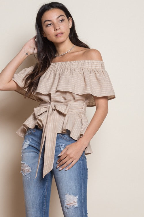 Fashion Off Shoulder Beige Striped Ruffle Tie-Up Top