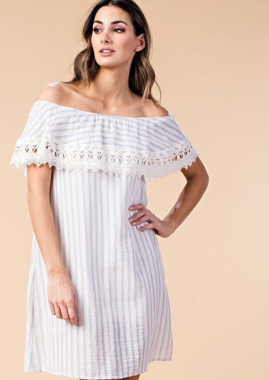 Casual Off Shoulder Light Blue Striped Dress with Lace Detailed