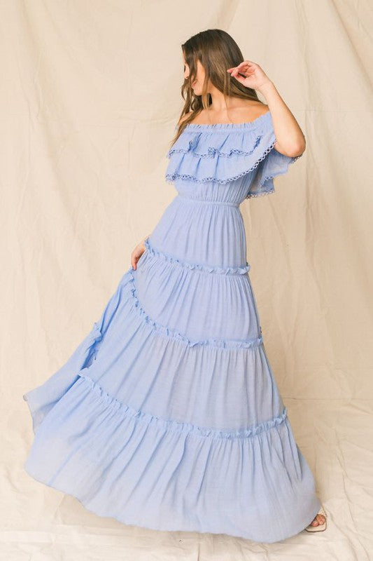 Fashion Off Shoulder Summer Blue Ruffle Maxi Dress