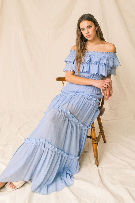 Fashion Off Shoulder Summer Blue Ruffle Maxi Dress