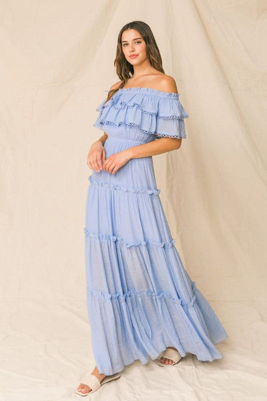 Fashion Off Shoulder Summer Blue Ruffle Maxi Dress