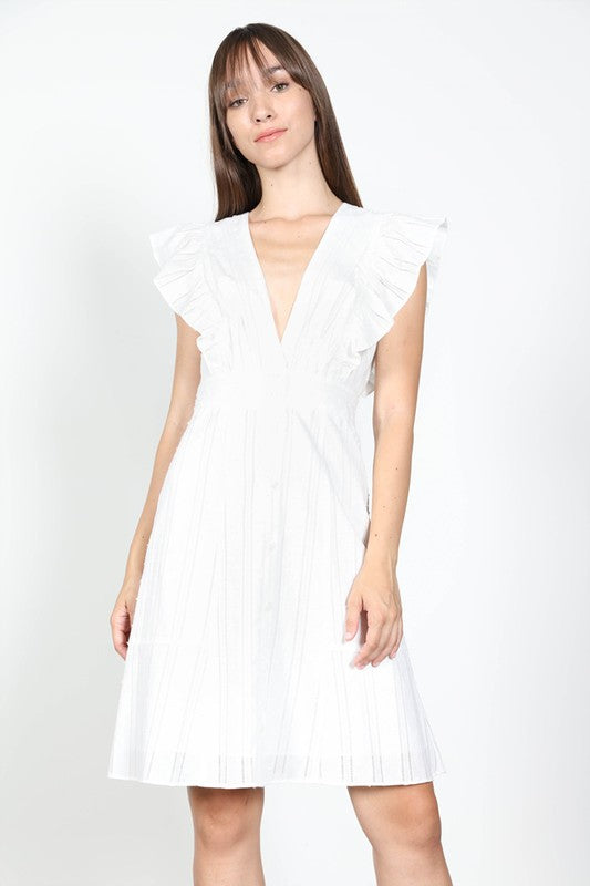 Fashion V-Neck Textured White Summer Dress