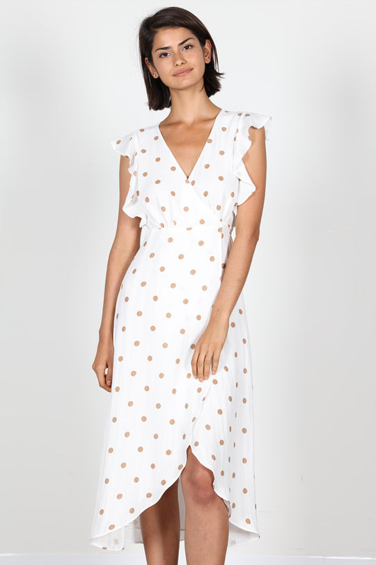 Fashion Beige Polka Dot Ruffle Wrap White Dress