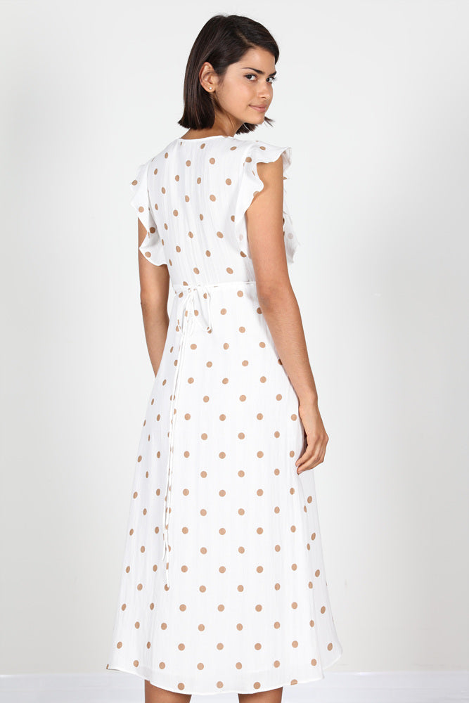 Fashion Beige Polka Dot Ruffle Wrap White Dress