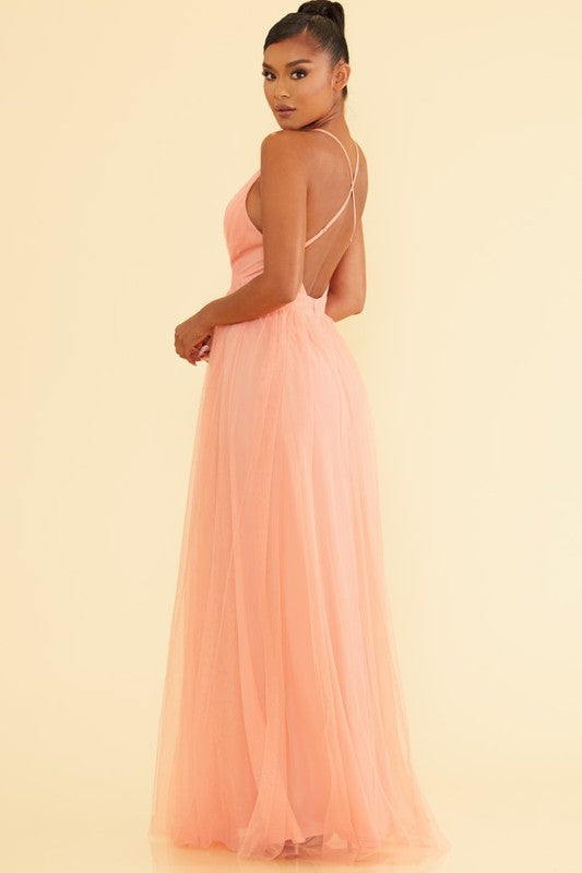 Elegant Apricot Strap Deep V-Neck Maxi Dress