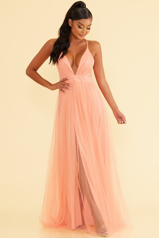 Elegant Apricot Strap Deep V-Neck Maxi Dress