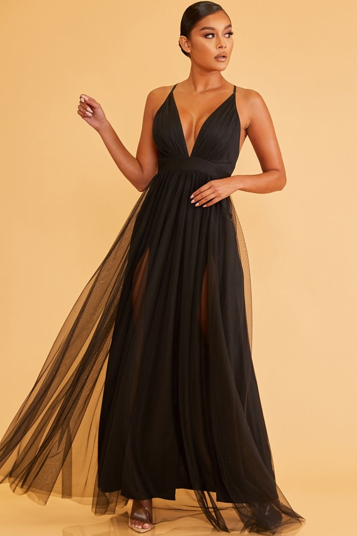 Elegant Black Strap Deep V-Neck Maxi Dress