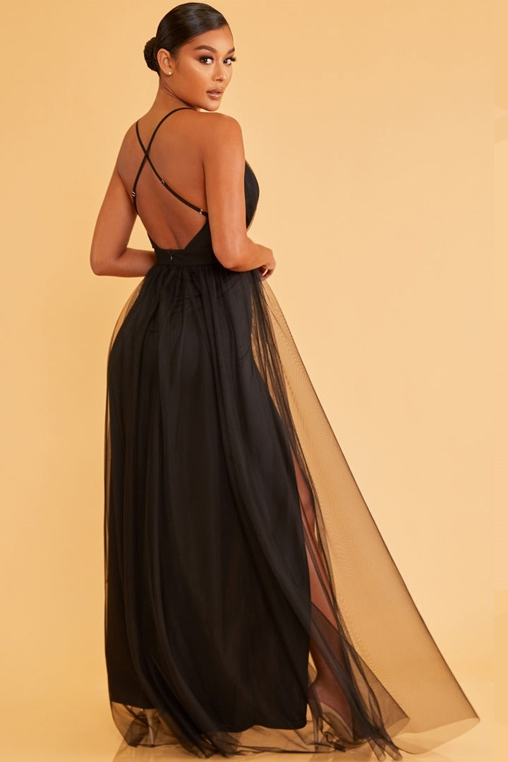 Elegant Black Strap Deep V-Neck Maxi Dress