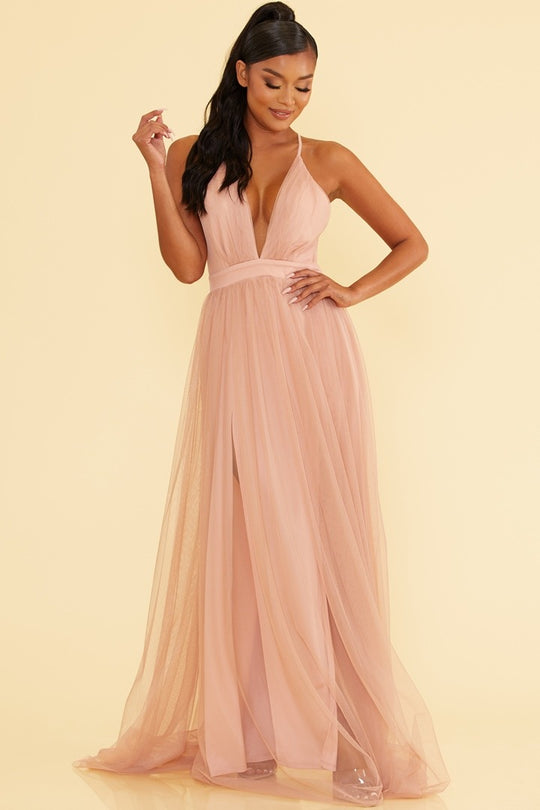 Elegant Blush Strap Deep V-Neck Maxi Dress