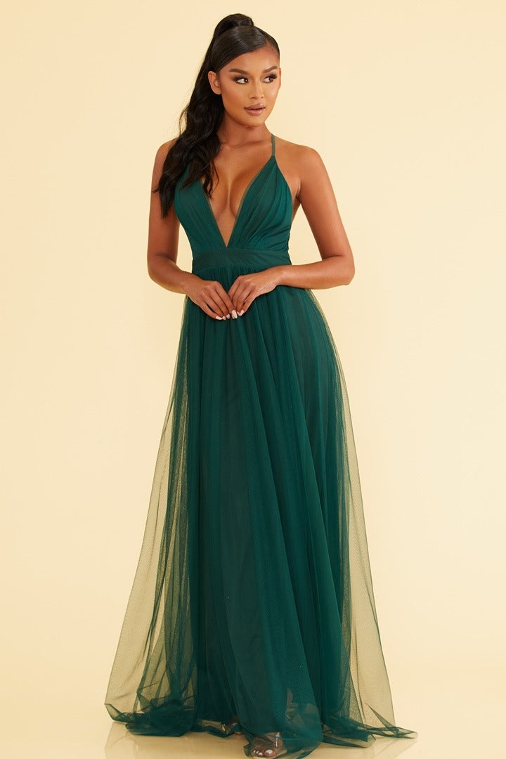 Elegant Hunter Green Strap Deep V-Neck Maxi Dress