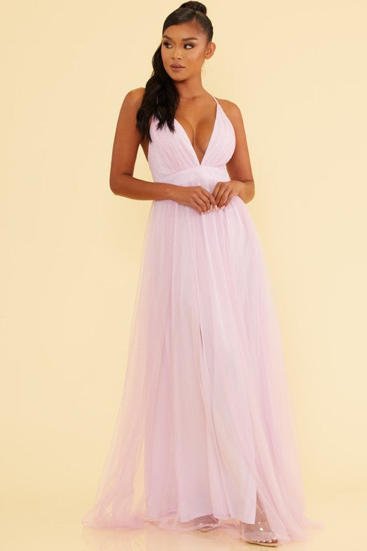 Elegant Lavender Strap Deep V-Neck Maxi Dress