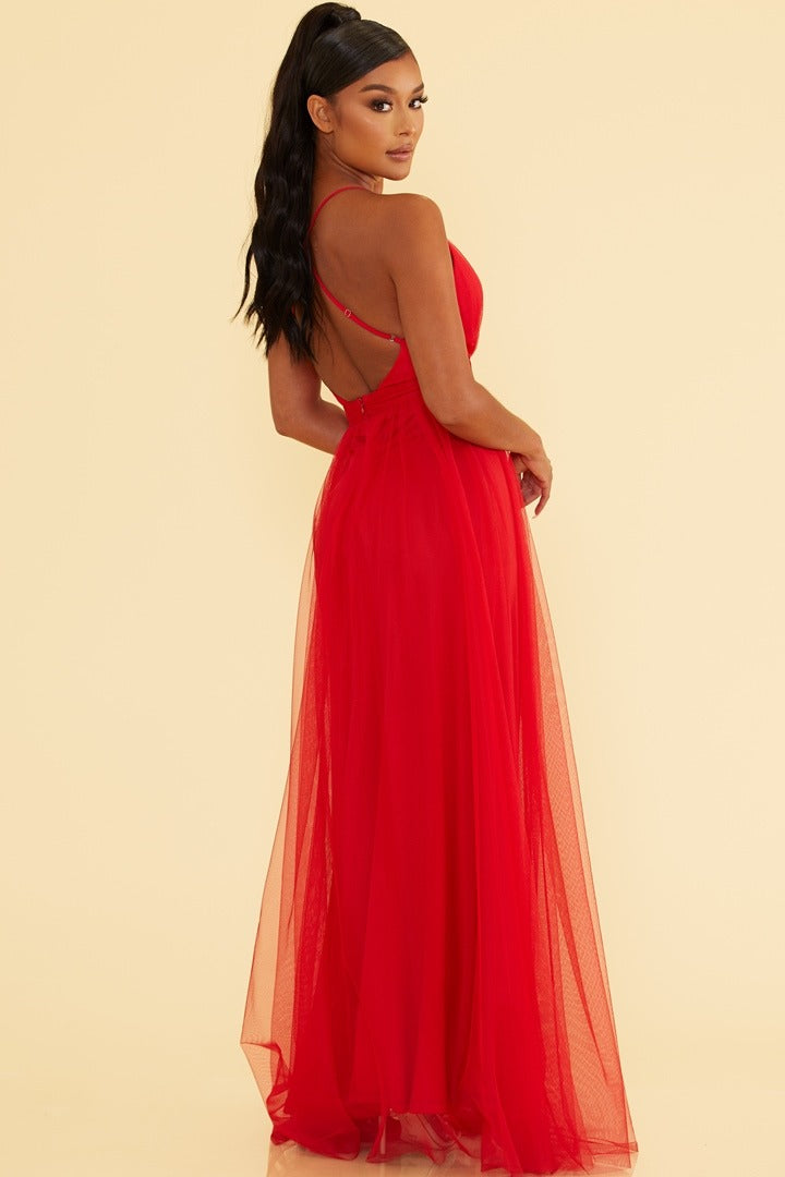 Elegant Red Strap Deep V-Neck Maxi Dress