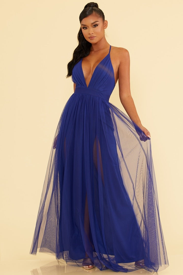 Elegant Royal Blue Strap Deep V-Neck Maxi Dress