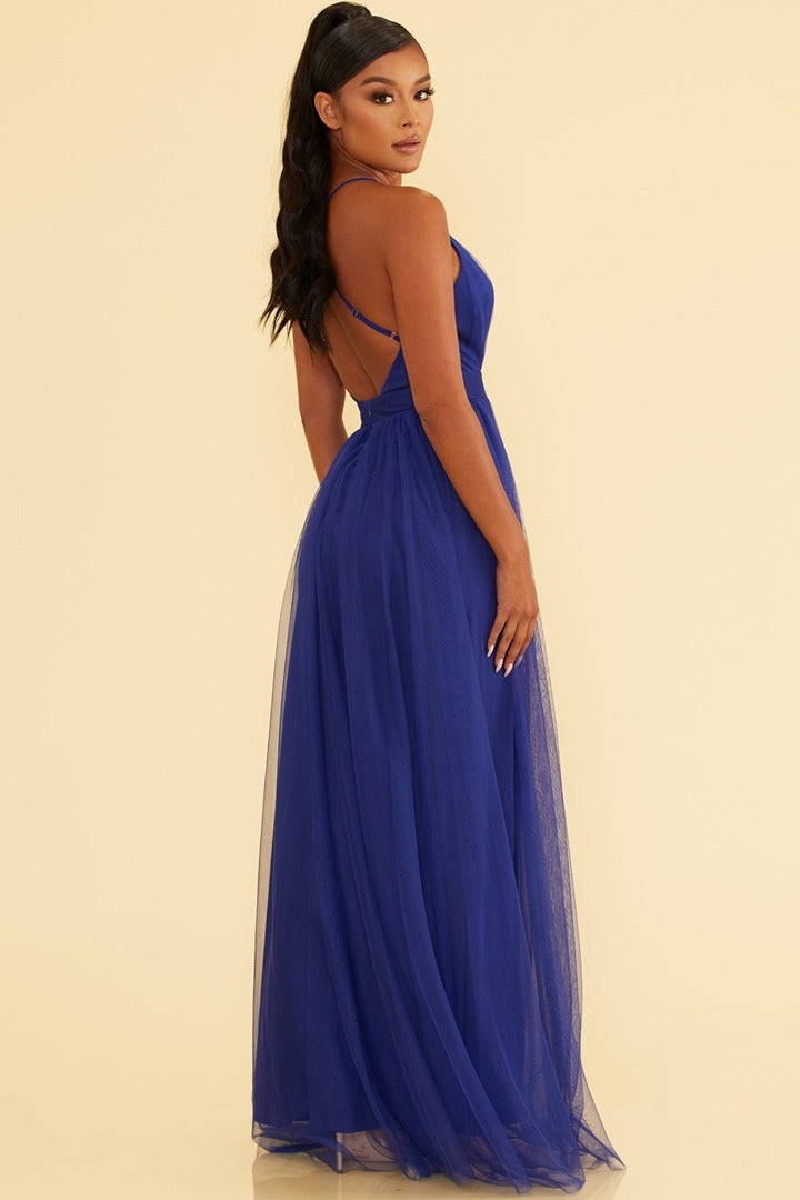 Elegant Royal Blue Strap Deep V-Neck Maxi Dress