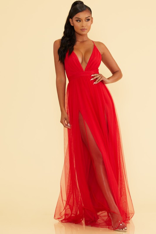 Elegant Red Strap Deep V-Neck Maxi Dress