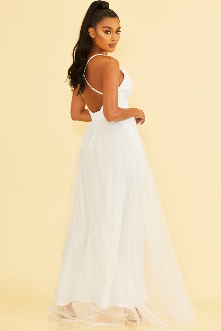 Elegant White Strap Deep V-Neck Maxi Dress Gown