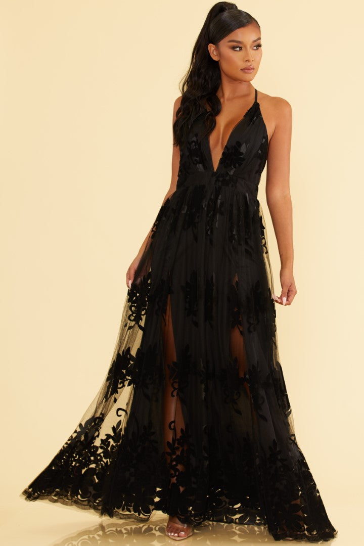 Elegant Black Floral Lace Strap Deep V-Neck Gown