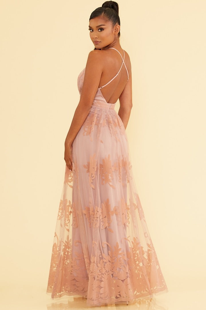Elegant Blush Floral Lace Strap Deep V-Neck Gown