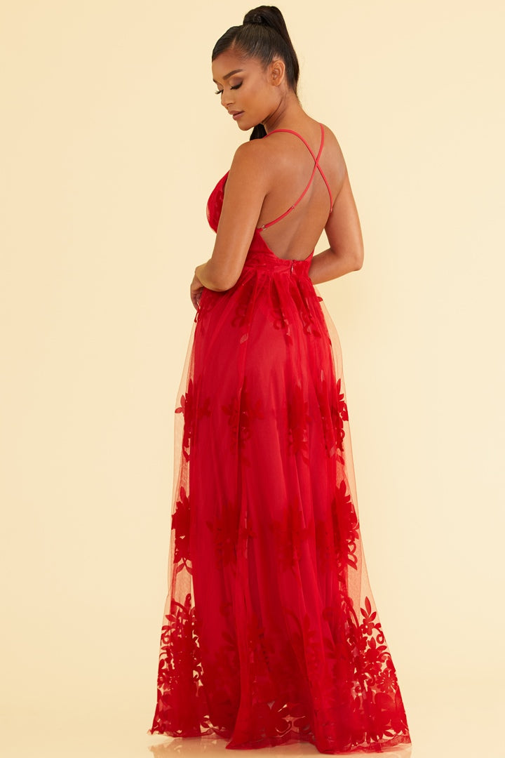 Elegant Red Floral Lace Strap Deep V-Neck Gown