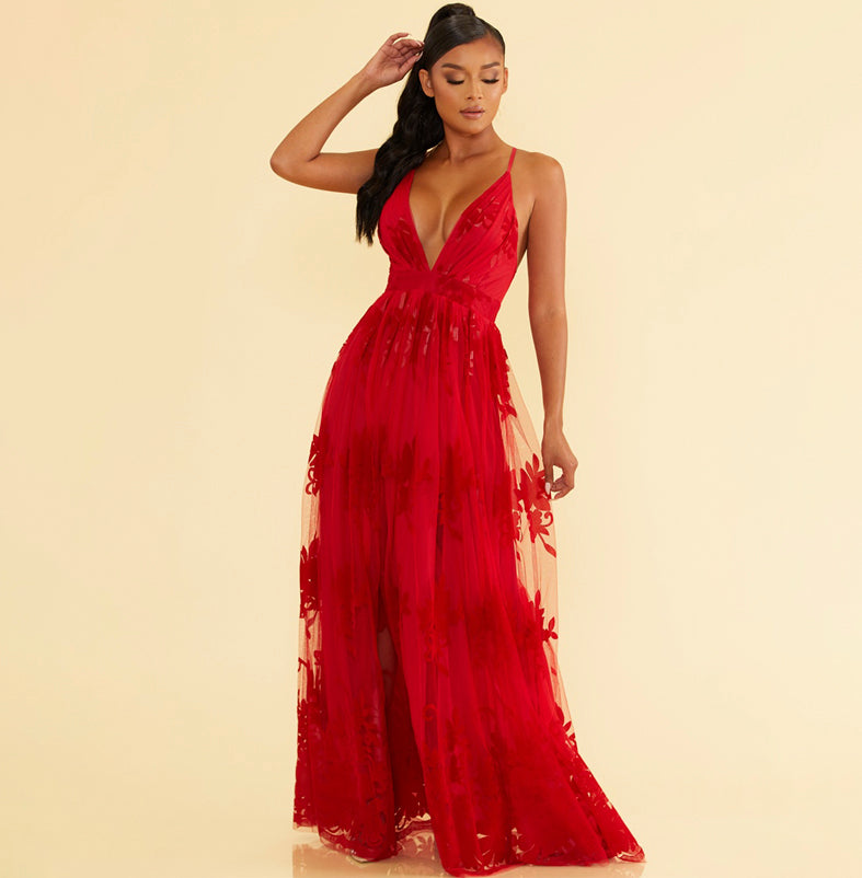 Elegant Red Floral Lace Strap Deep V-Neck Gown