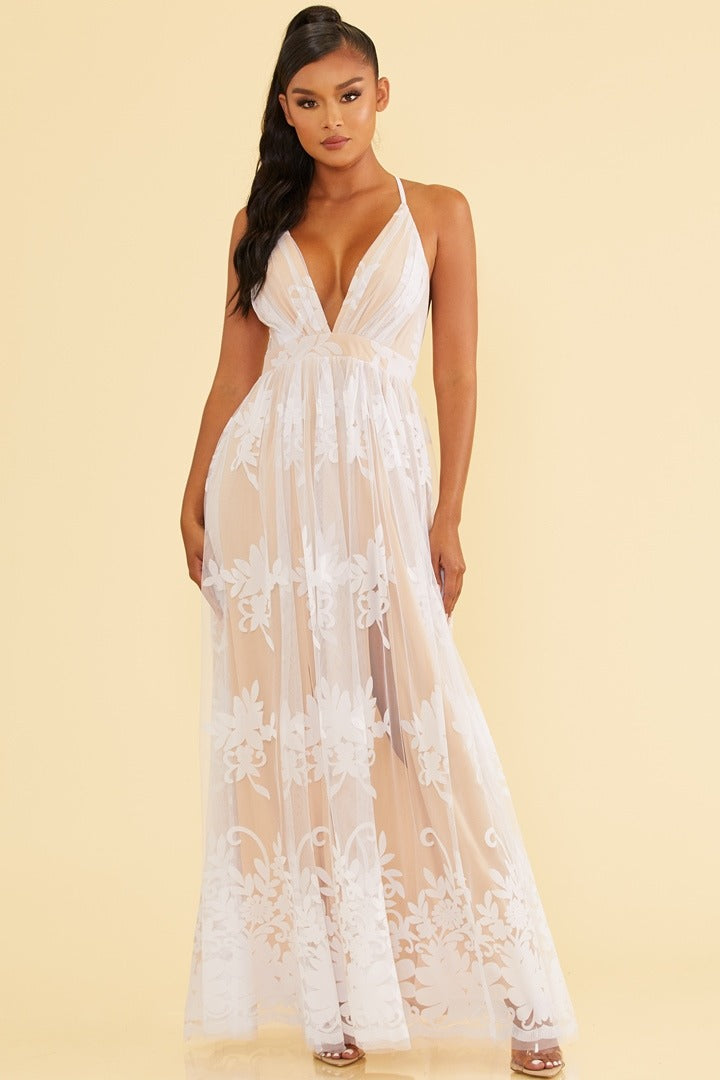 Elegant White Nude Floral Lace Strap Deep V-Neck Gown