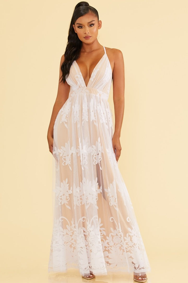 Elegant White Floral Lace Strap Deep V-Neck Gown L / White Elegant White Floral Lace Strap Deep V-Neck Gown L / White