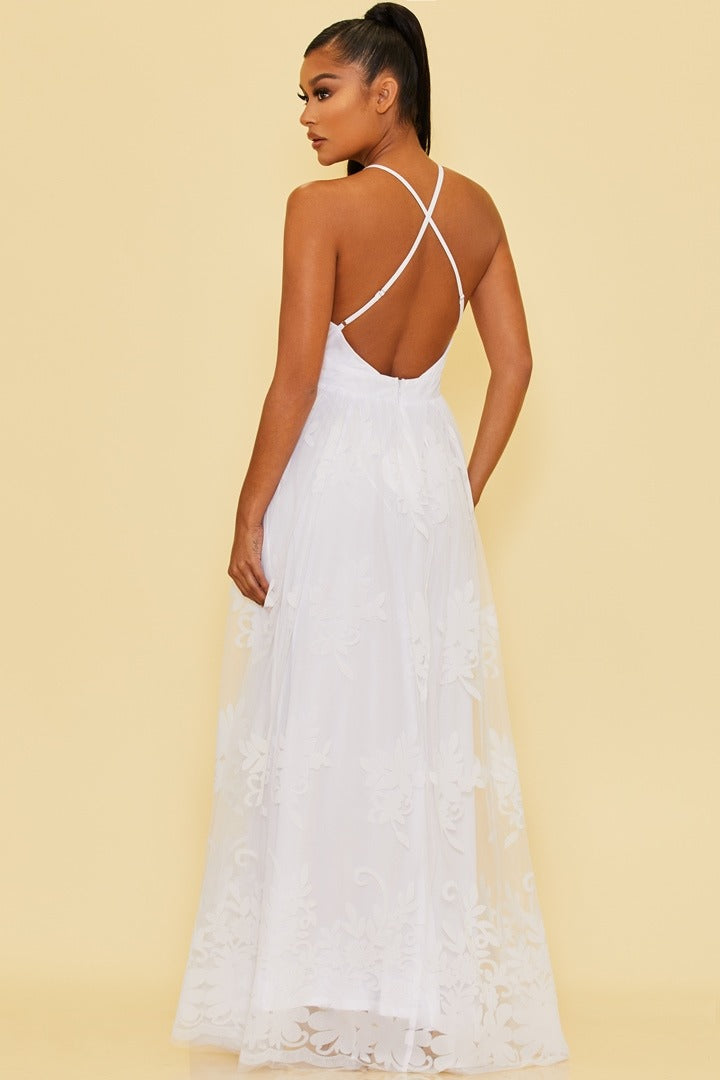 Elegant White Floral Lace Strap Deep V-Neck Gown