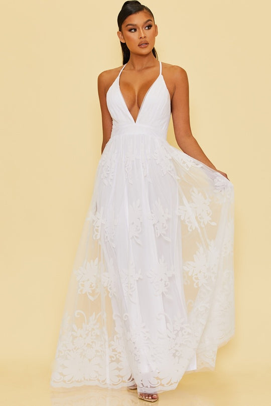 Elegant White Floral Lace Strap Deep V-Neck Gown