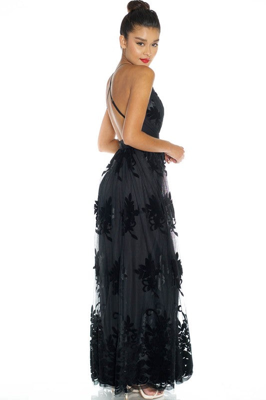 Elegant Black Floral Lace Strap Deep V-Neck Gown