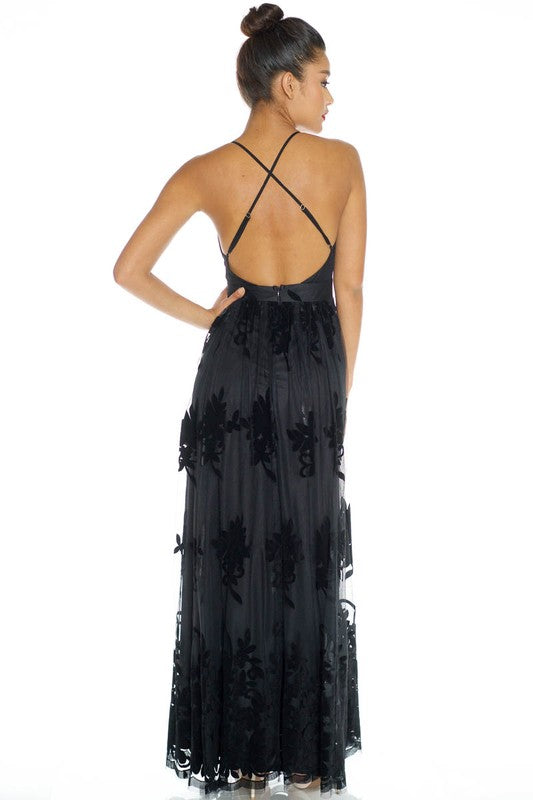 Elegant Black Floral Lace Strap Deep V-Neck Gown L / Black Elegant Black Floral Lace Strap Deep V-Neck Gown L / Black