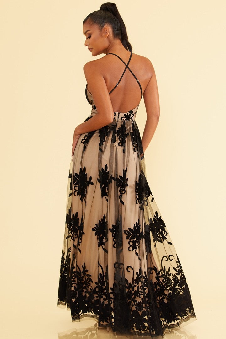 Elegant Black Nude Floral Lace Strap Deep V-Neck Gown