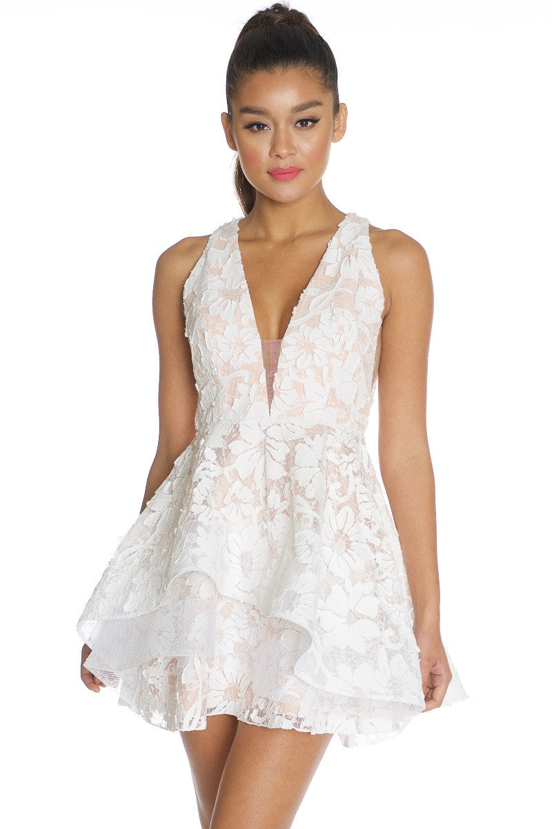 Elegant White Lace Layered Ruffle Dress